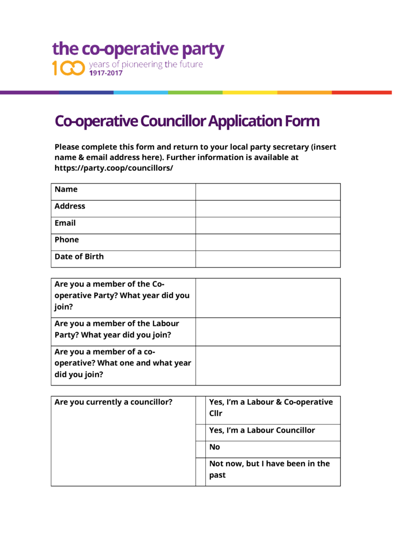 Councillor Application Form Template – Co-operative Party