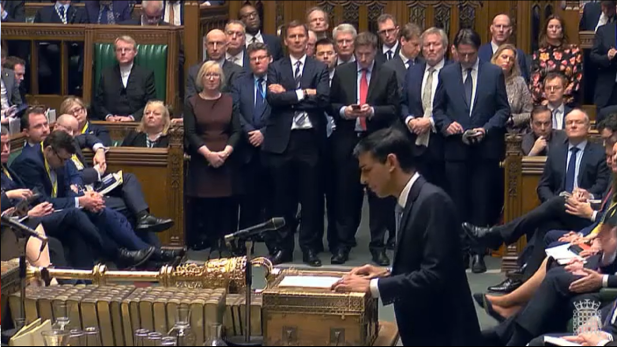 A still of Chancellor Rishi Sunak MP delivering the budget at the dispatch box