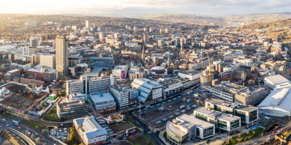 Aerial view of Sheffield city centre skyline at sunset