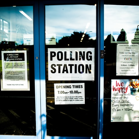polling station poster on clear glass door